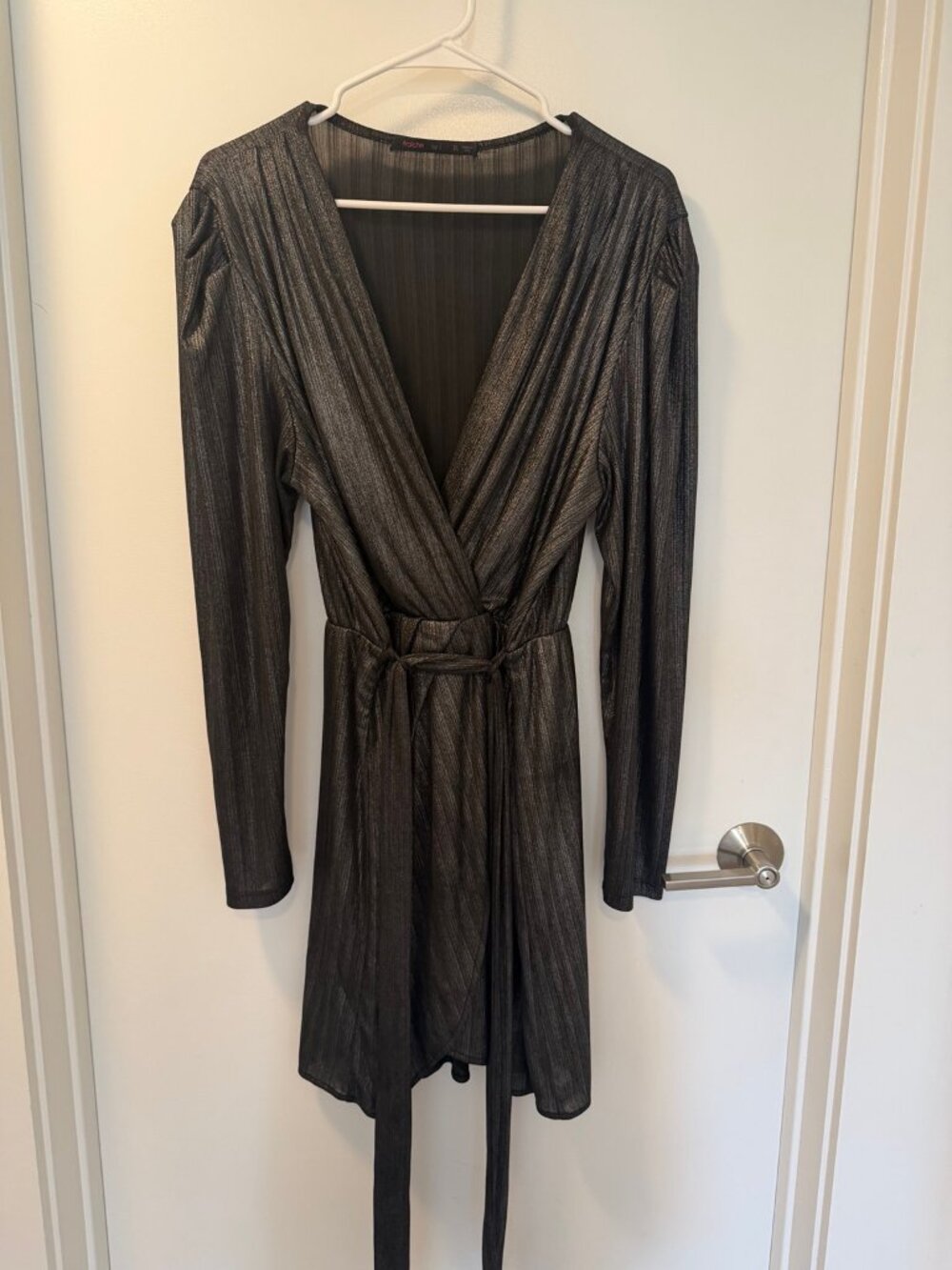Fraiche by J Charcoal Metallic-Look Long-Sleeve Tie-Waist Dress XL